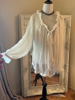 Free People, Sheer Ivory Ruffled Tie-Neck Women's Blouse